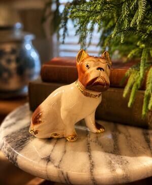 Vintage Porcelain Bulldog Figurine White & Brown Dog Statue Gold Mid-Century